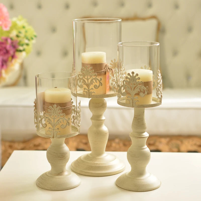 Elegant White-Painted Flower Pattern Metal Glass Candlestick Holder INS Style Home Decor Pillar Holder for Garden Packaged Box