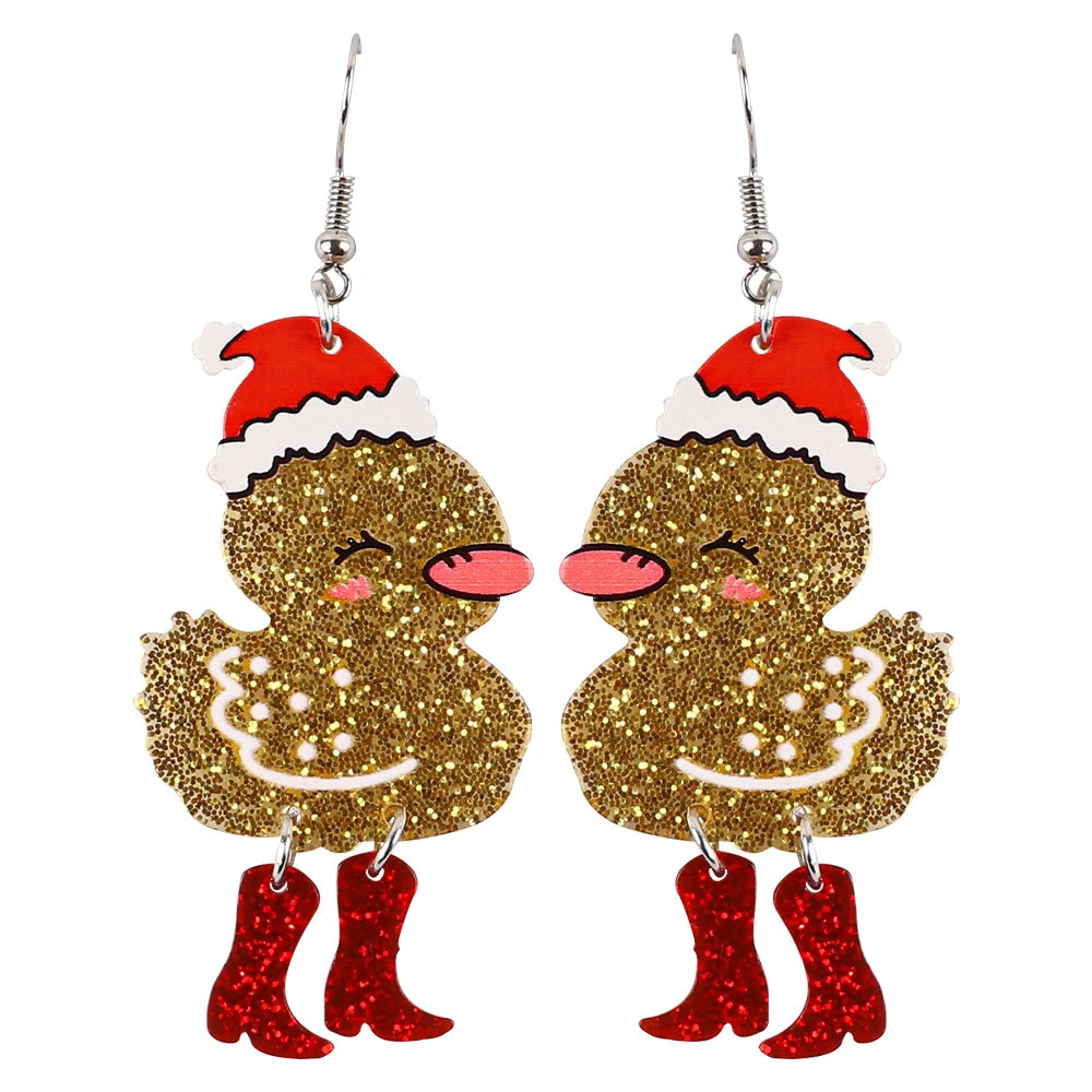 Creative New Gold Sequins Dazzling Cute Duckling Christmas Hat Heels Acrylic Removable Earrings for Women