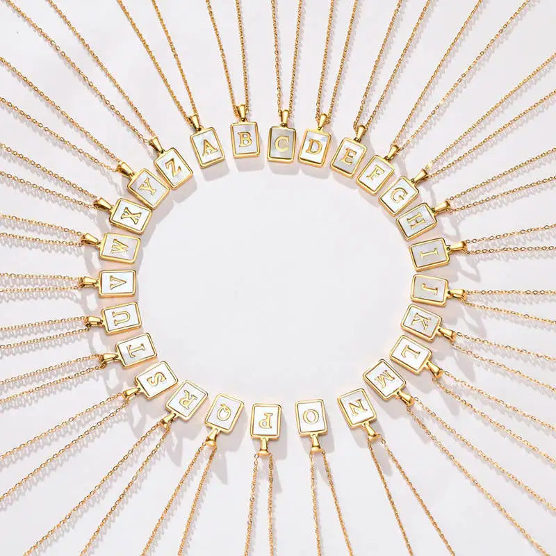 Hot Selling 18k Gold Plated A-Z Letter Stainless Steel Jewelry Personalized square Shell Pendant Dainty Initial Necklace Women