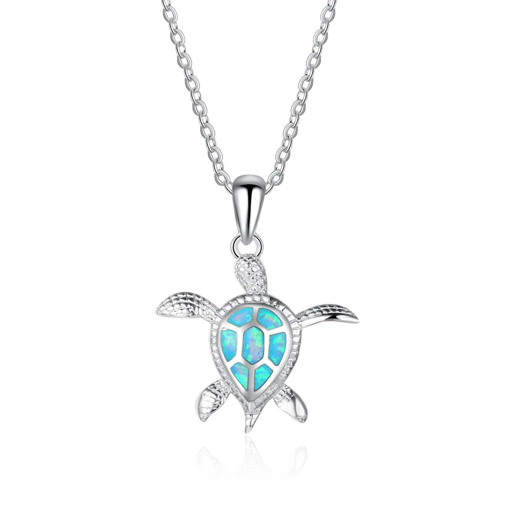 Hot Trendy Sea Turtle Shaped Pendant Rhodium Plated Tarnish Free 925 Sterling Silver Opal Pendant Necklaces for Women