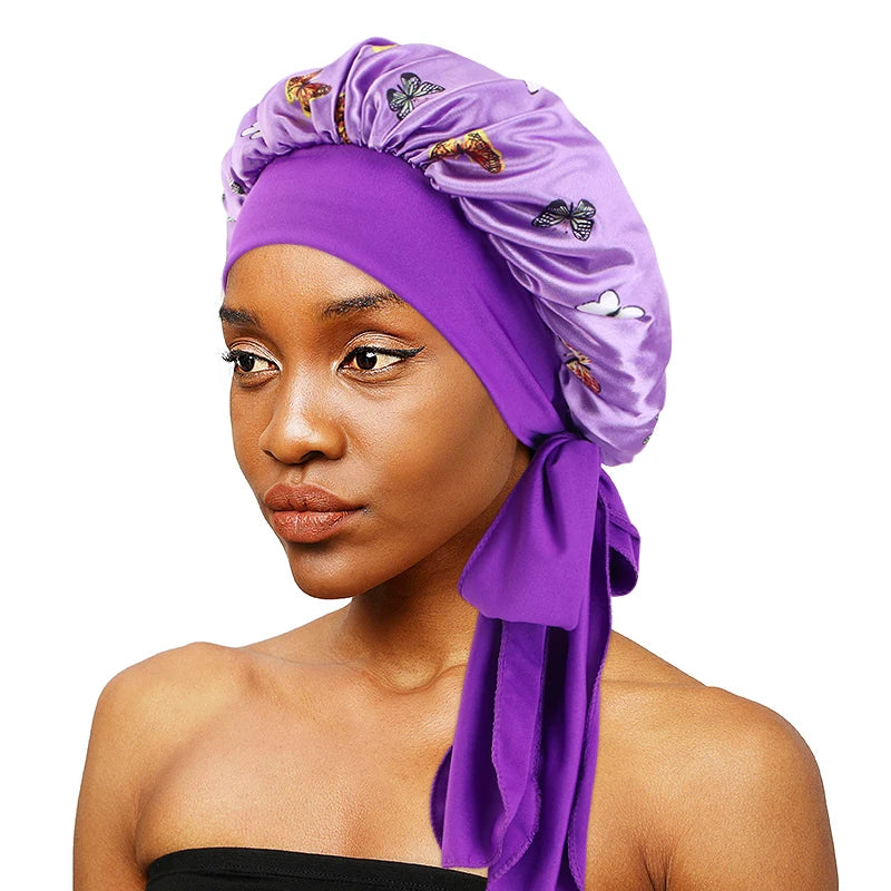 Wholesale Custom Logo Butterfly Pattern Satin Bonnets Women With Tie Elastic Band Long Tail Hair Wraps Bonnet for Women