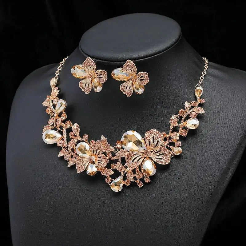 Top Quality Fashion Luxurious Flower Jewelry Set Women Crystal Necklace Earrings Set Wedding Jewelry Set
