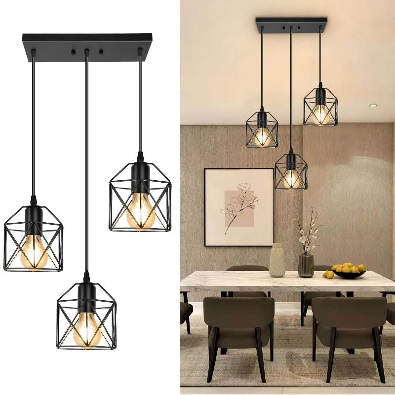 3-Light Pendant Light Fixtures Farmhouse Kitchen Island Industrial Hanging for Dining Room Bedroom Black Metal Cage E26 Lamp