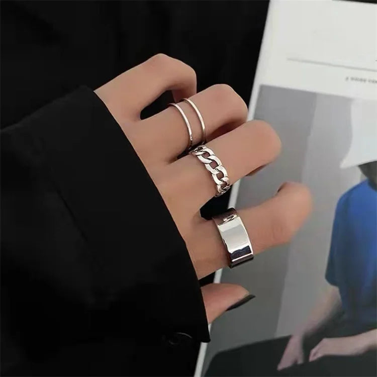 Hot Selling 3pcs Ring Set Fashion Open Adjustable Index Finger Cuban Chain Titanium Steel Fine Jewelry Rings