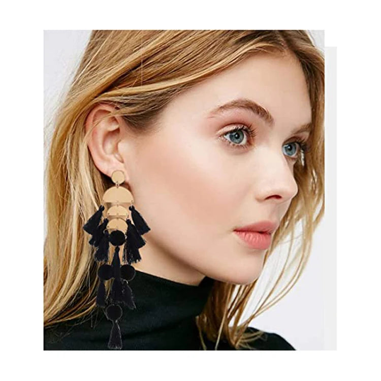 Fashion Long Tassel Earrings Bohemian Big Pendant Earrings Black Bule Pink Color Earrings for Women