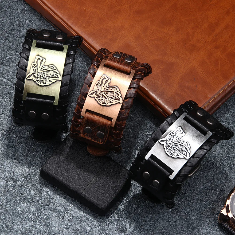 SC Hot Sale Wolf Leather Bracelet Wide Woven Leather Bangle Bracelet Retro Genuine Leather Bracelet for Men Boys