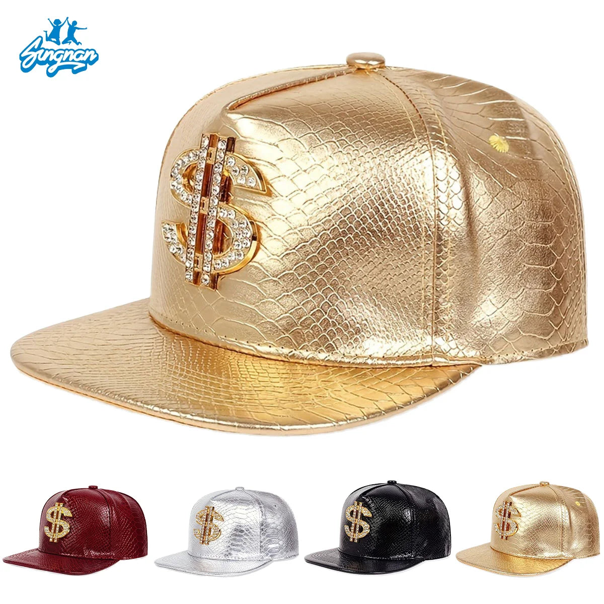 Wholesale 6-Panel Street Snapback Hat Dollar Logo Skeleton Studded Skull PU Embossing Leather Flat Bill Cap Curved Fashionable
