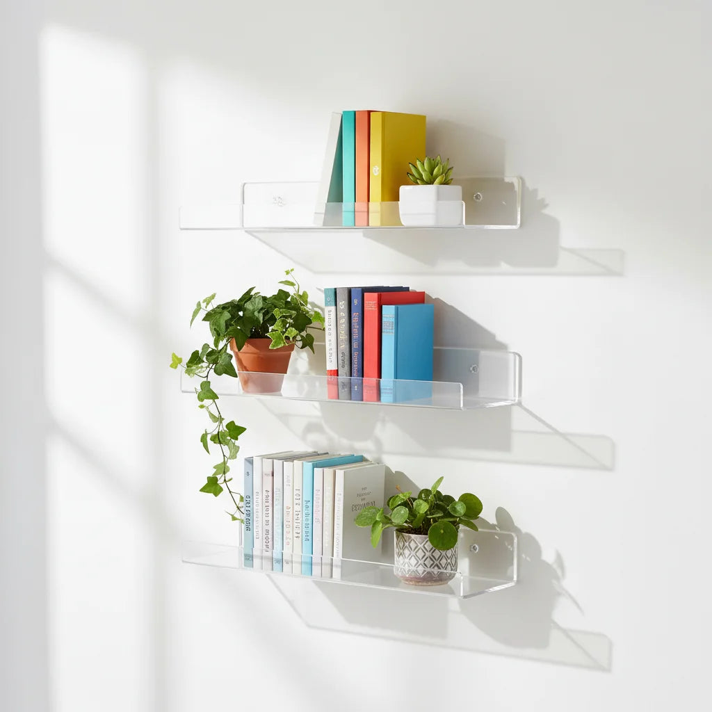 Acrylic Shelves Wall Ledge 15" Black Kids Bookshelf Hanging Spice Shelf Modern Display for Living Room Bathroom Kitchen