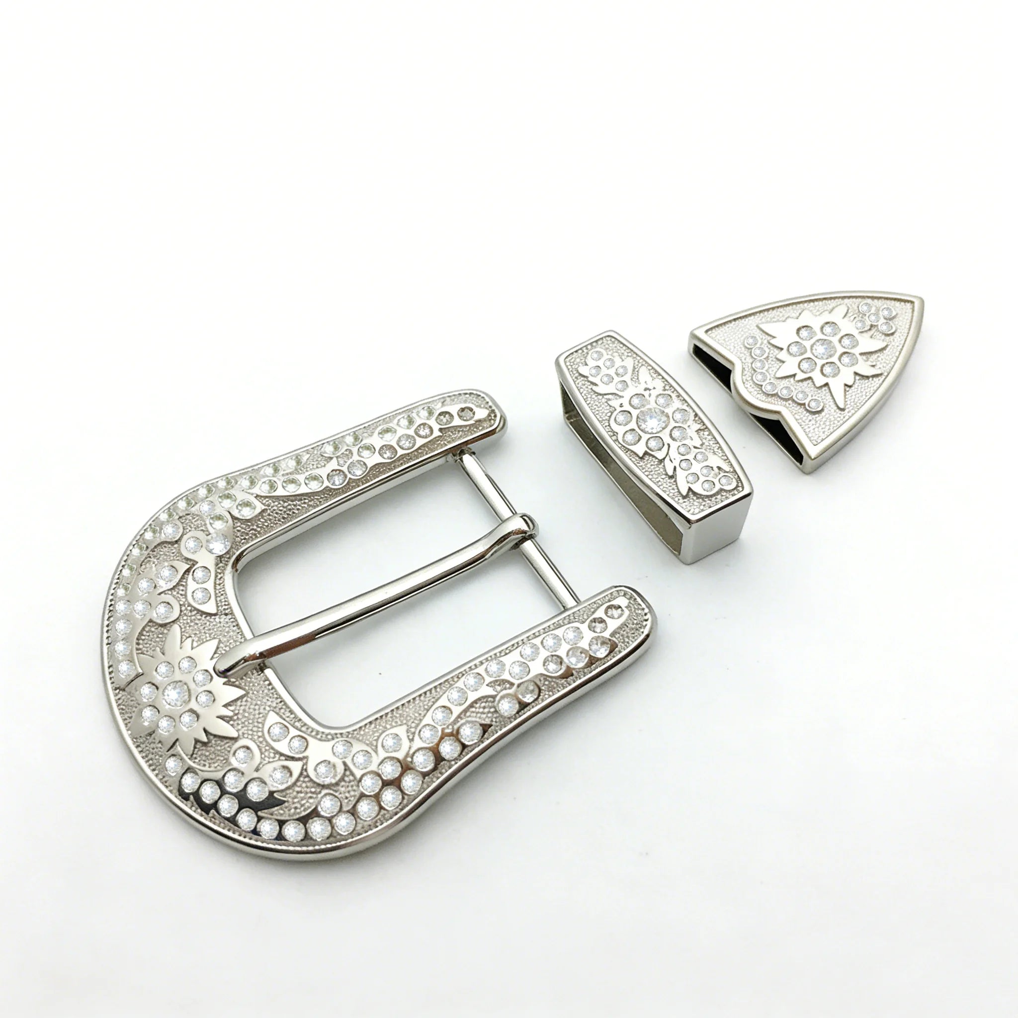 Factory Sale  Flower Engraved 40mm 3 Piece Western Rhinestone Belt Buckles Set Conchos for Leather