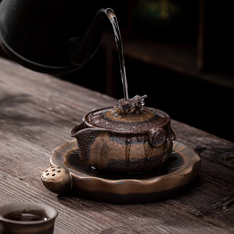 Japanese Gilding Iron Glaze Pot Guzao Roast Retro Stoneware Gaiwan Ceramic Kung Fu Teapot Pu'er Tea Making Bowl