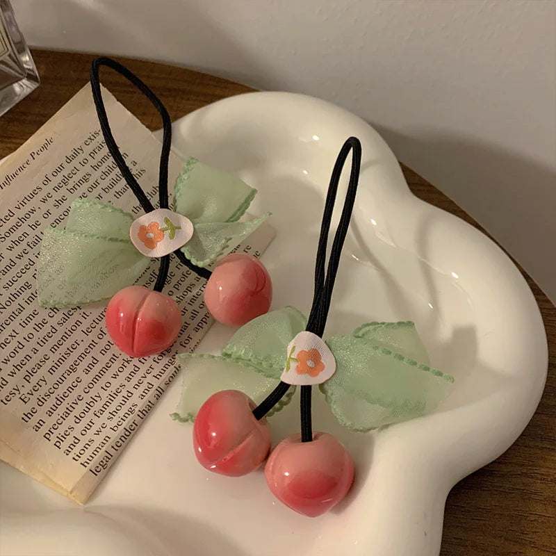 Black Knotted Elastic Hair Bands With Peach Strawberry Fruit Green Lace Ends Hair Ties for Girls Elasticity Ponytail Holders