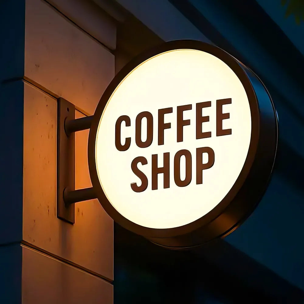LC Custom Round Light Box Sign Double Sided Hanging Coffee Store Sign Outdoor Illuminated Blade Sign Cafe Wall Mount Logo Board