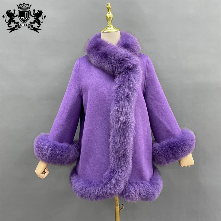 Winter Coat Real Fox Fur Collar Cuffs Women Cashmere Poncho Wool  White Fur Cape for Ladies Wedding Dresses