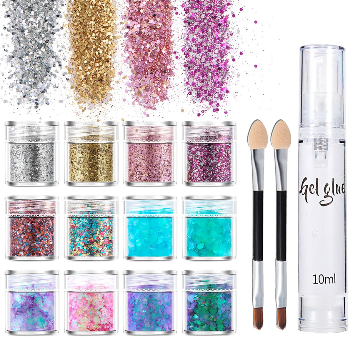 Glitter Gel Glue Brush Hexagon Shape PET Material Merry Christmas New Design 12 Color Set DIY Crafts Decoration