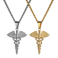 Greek God Caduceus Pendant Doctor Nurse Gift Necklace Stainless Steel Waterproof Jewelry Mens Angel Wing Necklace
