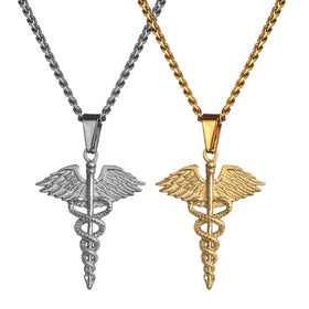 Greek God Caduceus Pendant Doctor Nurse Gift Necklace Stainless Steel Waterproof Jewelry Mens Angel Wing Necklace
