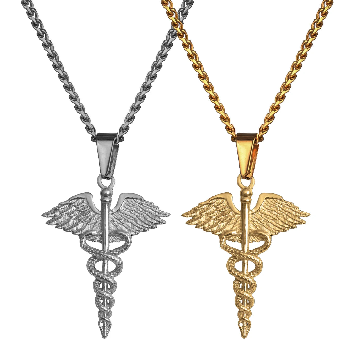 Greek God Caduceus Pendant Doctor Nurse Gift Necklace Stainless Steel Waterproof Jewelry Mens Angel Wing Necklace