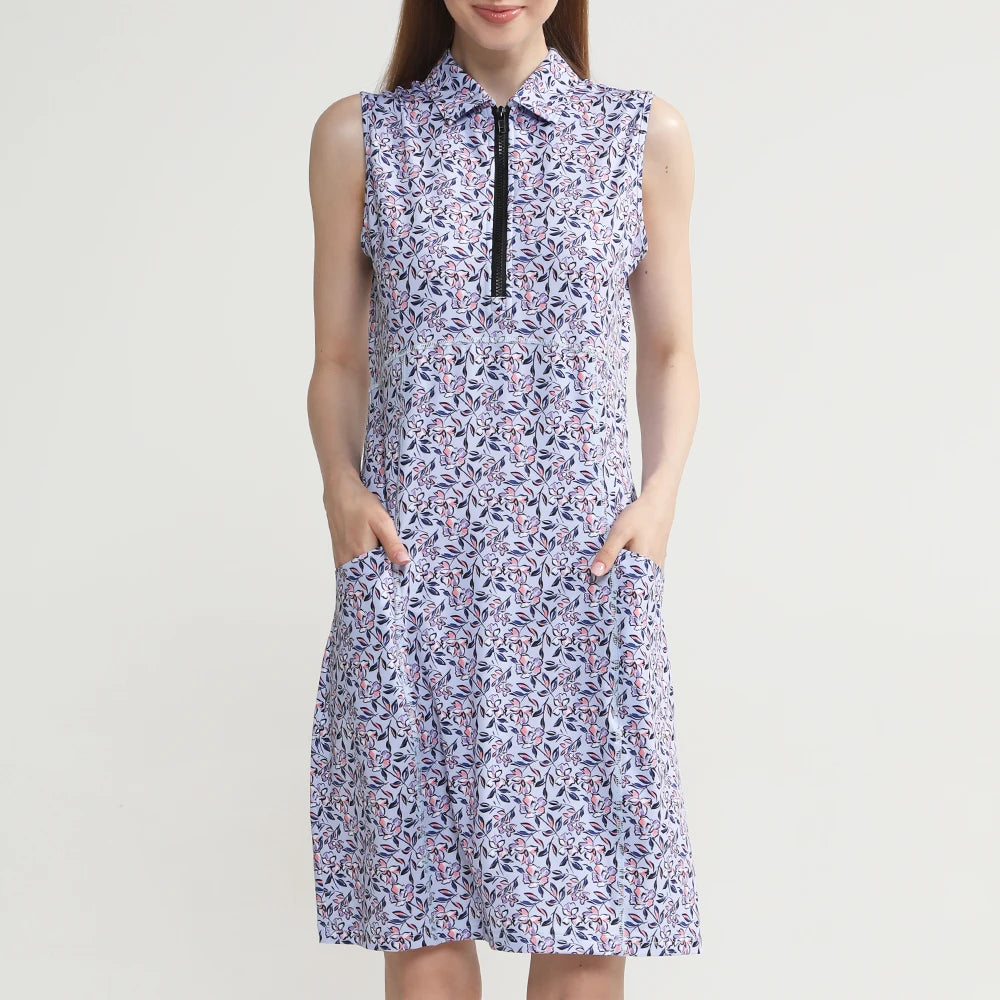 Custom Ladies Sublimation Print Floral Casual Sleeveless Zip Sports Dress Polyester Elastane Golf Dress With Pockets