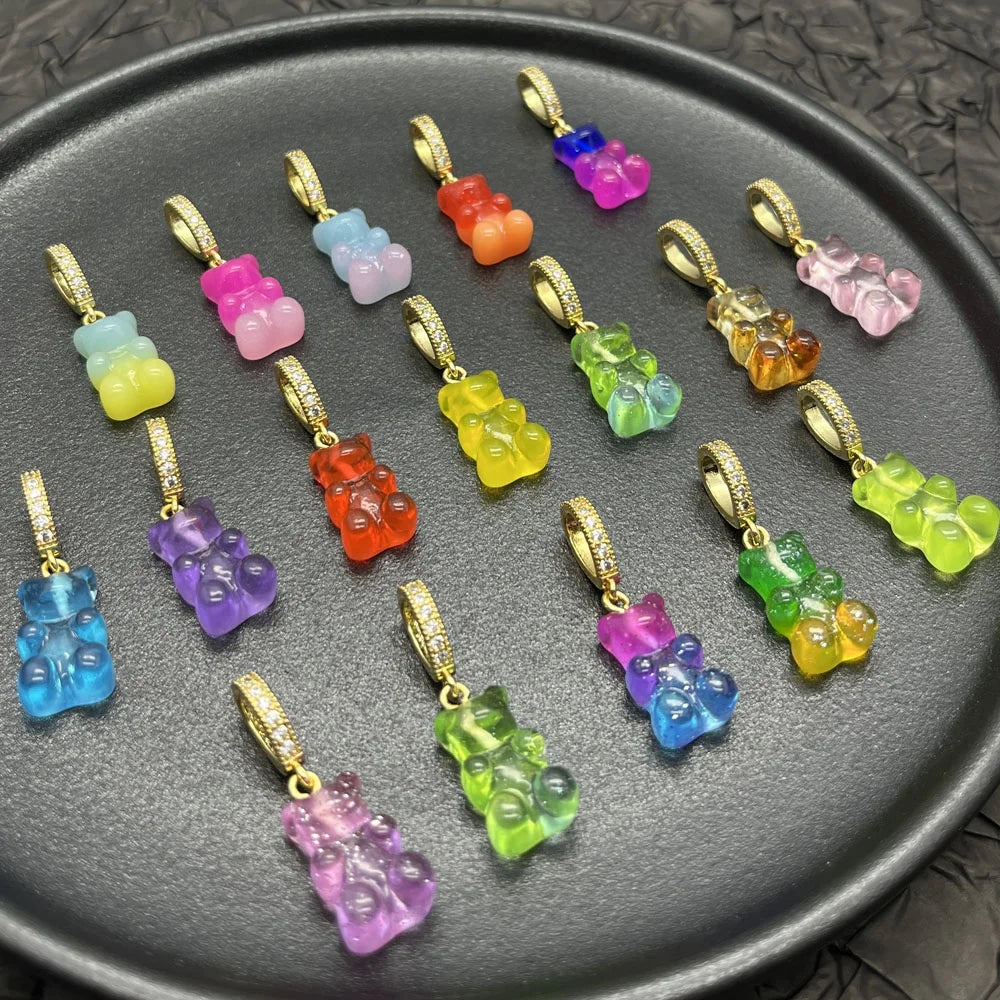 Resin Charms Earrings Necklace Glitter Candy Gummy Bear 18K Gold Plated Zircon Cute Bail Charms Pendants Jewelry Making Unisex