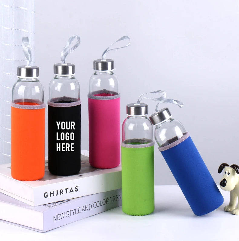 Custom Logo 500ml Glass Water Bottle Small Mouth Screw Cap with Neoprene Sleeve