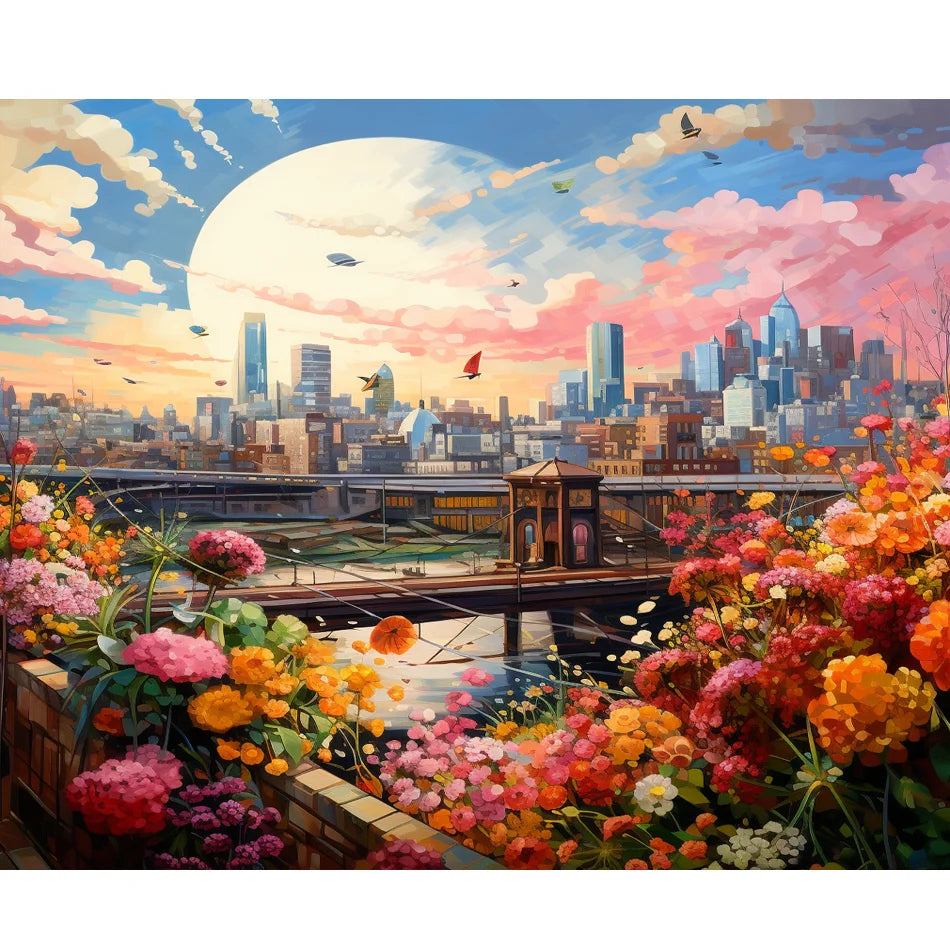 5d Diy Diamond Painting City Flowers Cross Stitch Kit Full Round Embroidery Art Picture of Rhinestones 30x40cm/12x16inch
