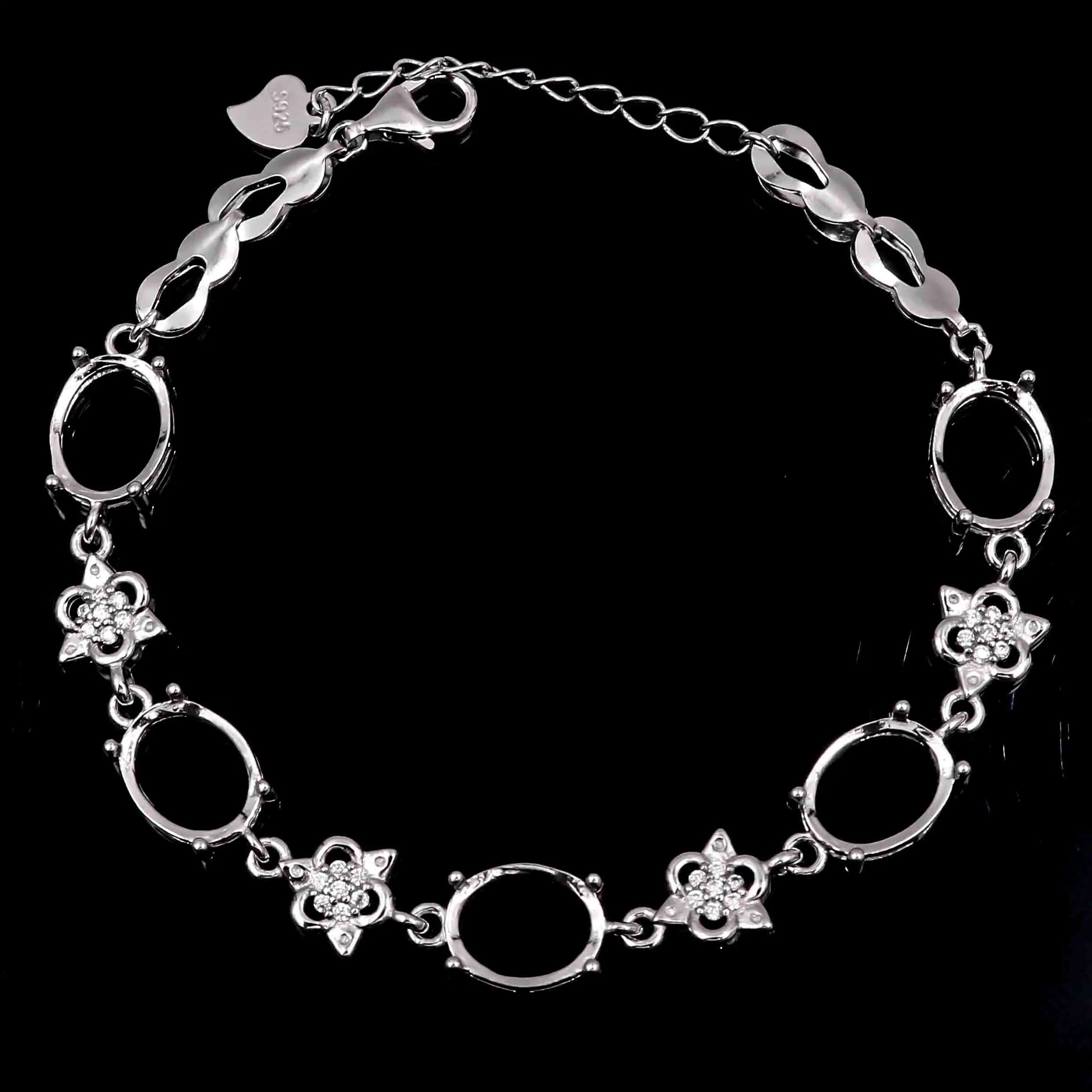 Sterling Silver 8*10mm Semi Mount Bracelet Empty Support Blank Claws Setting S925 Base Holder Without Center Stone Inlay for DIY