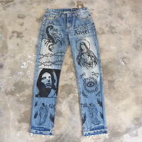AeeDenim Wholesale Custom Digital Direct Spray Graffiti Denim Jeans Full Print Denim Jean