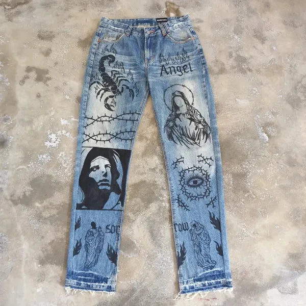 AeeDenim Wholesale Custom Digital Direct Spray Graffiti Denim Jeans Full Print Denim Jean