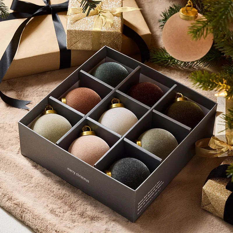 Velvet Flocked Christmas Ball Ornaments 8cm Assorted Neutral Color Baubles with Gold Cap for Christmas Tree