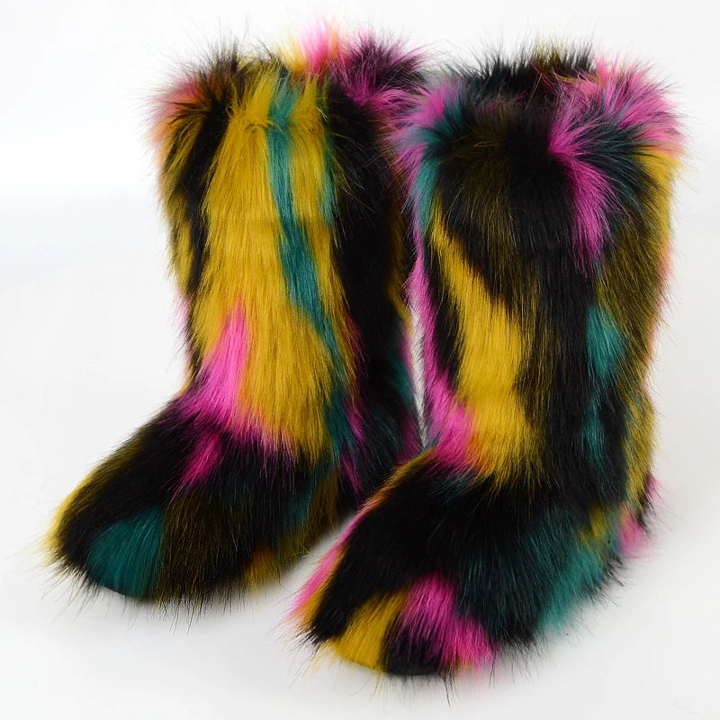 Sale Women Fashion Long Faux Wool Fur Mid Calf Flat Snow Boots Big Faux Sheep Fur Black Beige Thick Fur Warm Short Winter Boots
