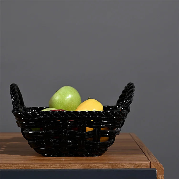 10 Inch 10.5 Inch Fresh Fruit Ceramic Double Convex Dish Black Porcelain Basket with Two Handle