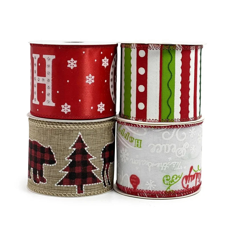Happy Holidays Wire Edge Ribbons Decorating Christmas Wired Ribbon for Present Wrapping