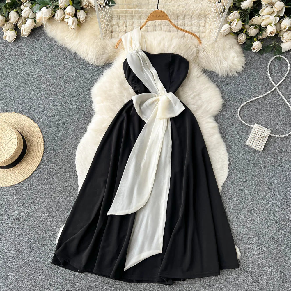 Summer Sleeveless Strapless Color Blocking Casual Dress Women High Waist Midi A-Line Dress Ladies Evening Dresses Clothes Women