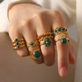 2022 Fashion New Stainless Steel 18K Gold-plated Texture Light Luxury Retro Green Natural Stone Open Ring Spot Wholesale