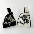 Korean Designers Black White Rose Knitted Handbag Small Handmade Vest Bag Crochet Tote Bag for Women