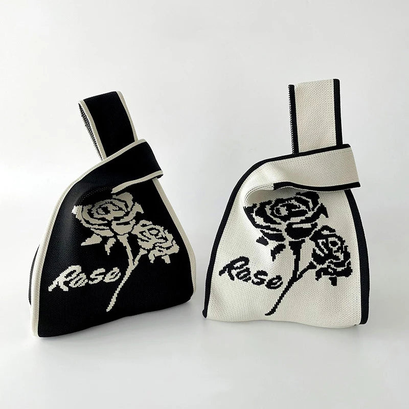 Korean Designers Black White Rose Knitted Handbag Small Handmade Vest Bag Crochet Tote Bag for Women