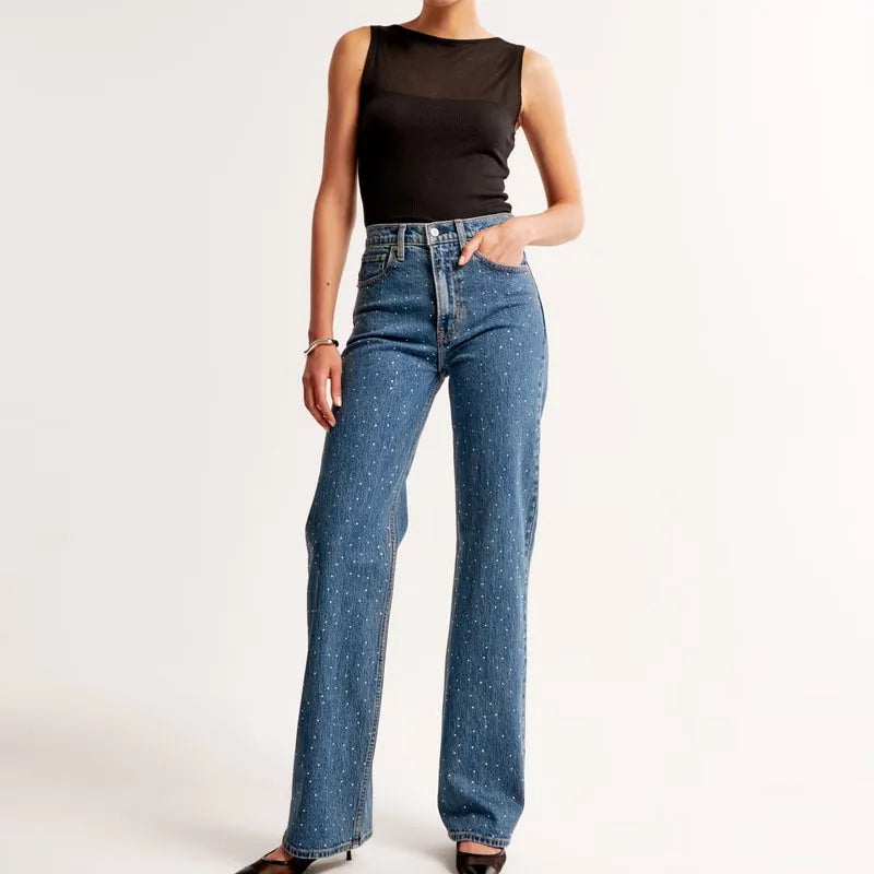 Y2k New Fashion Authentic Vintage Look All-over Rhinestone Dark Wash Jeans for Women