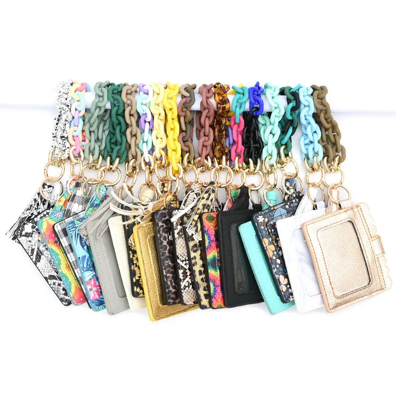 Women's Colorful Acrylic Chain Link Bracelet Card Bag Wristlet Keychain Metal Clasp Bracelet With PU Leather Wallet