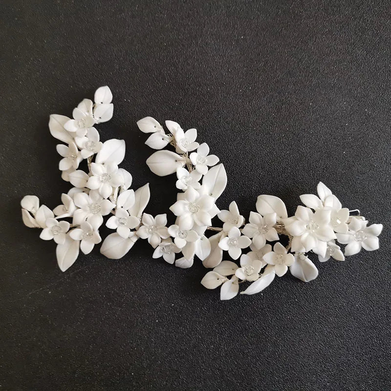 SLBRIDAL Handmade Rhinestones Crystal Pearls Ceram Flower Leaf Bridal Hair Clip Barrettes Wedding Hair Accessories Women Jewelry
