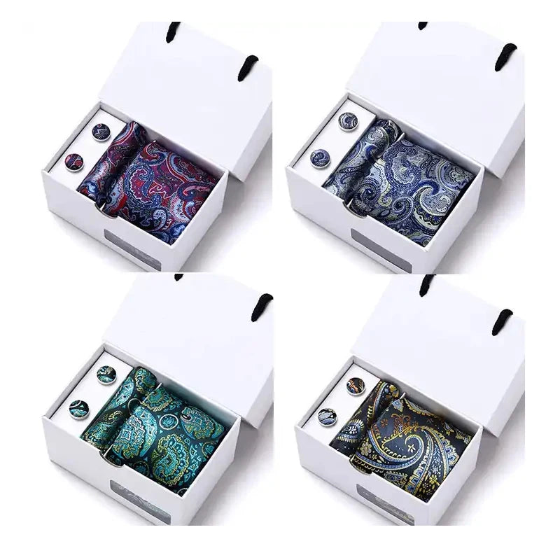 Man Tie in Gift Box Handkerchief Cufflinks Set Paisley Neck Ties for Men Gifts Party Wedding Necktie Gravata Pocket Square Suits