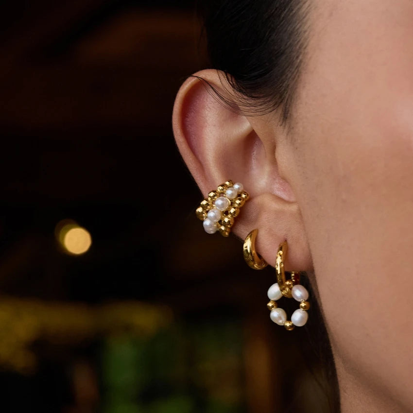 MC323 Wholesale Stainless Steel Waterproof Pearl Earrings Hypoallergenic 18k Gold Plated  Dangle Hoop Earring for Women
