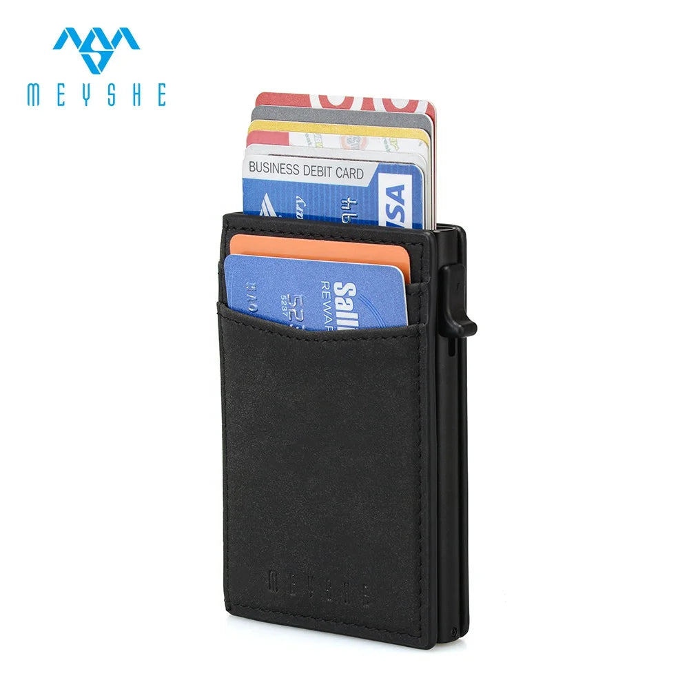 Customizable Black PU Leather Business Wallet with Automatic Pop-Up Card Holder Features Aluminum Custom Logo ID Business Cards