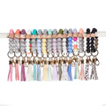Custom Silicone Beads Elastic Bangle Wrist Keychain Leather Tassel Key Chains Women Girl Wrist Silicone Bead Keychain