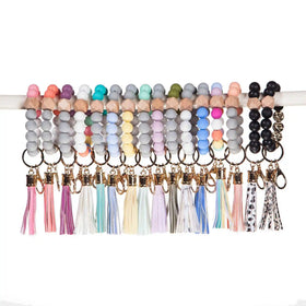 Custom Silicone Beads Elastic Bangle Wrist Keychain Leather Tassel Key Chains Women Girl Wrist Silicone Bead Keychain