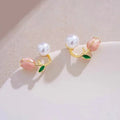 Pearlescent pink Tulip Earrings S925 Silver Needle Earrings Ladies Small Fresh Tulips Flower Pearl Hypoallergenic Earrings Women