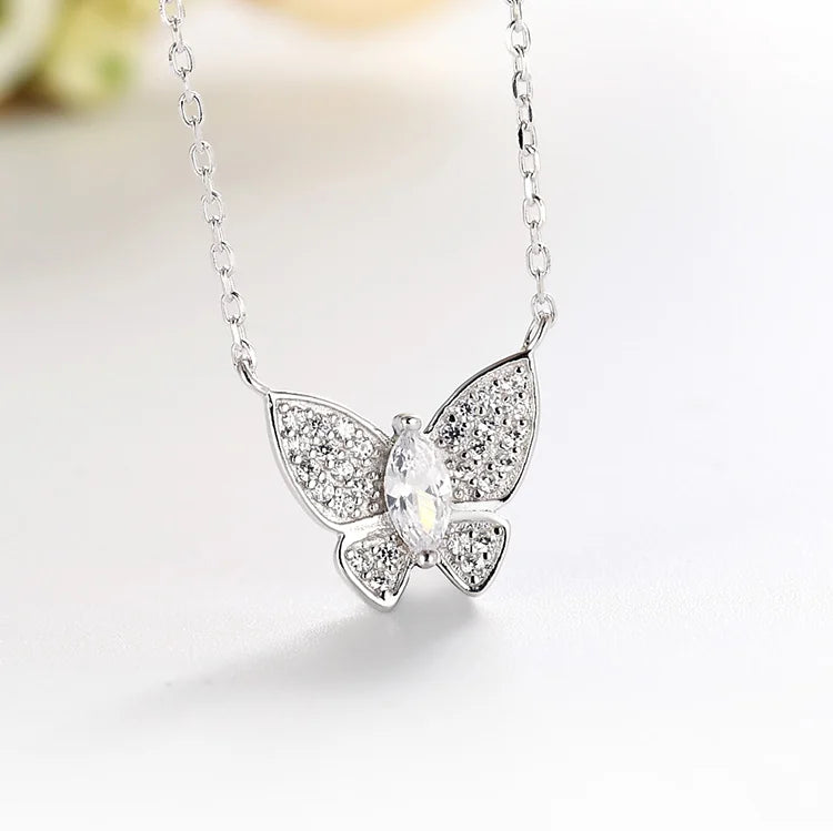 Personalized Elegant Rhodium Plated Butterfly Necklaces 3A Cubic Zirconia Beautiful Sterling Silver 925 Necklace