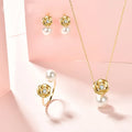 14k Gold Plated Rose Flower Jewelry Set Austria Pearl Necklace Earrings Ring Sets for Mothers Day