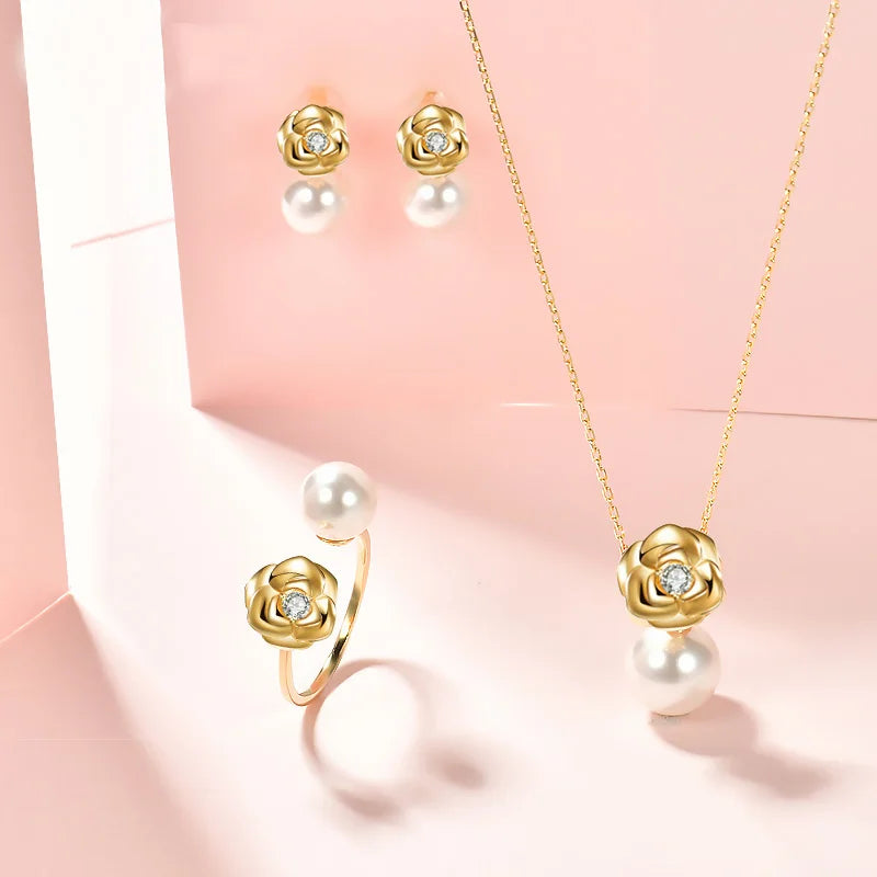 14k Gold Plated Rose Flower Jewelry Set Austria Pearl Necklace Earrings Ring Sets for Mothers Day