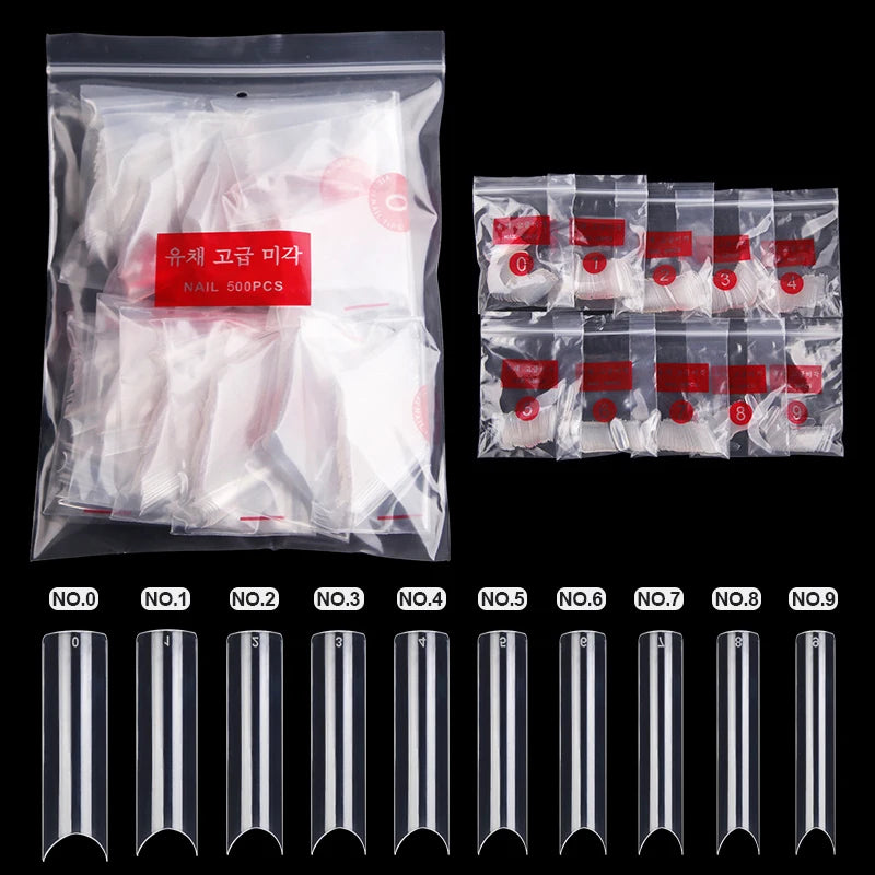 Wholesale 500Pcs Eco-friendly Acrylic Coffin French Shape False Clear Extra Long C Curve Nail Tip Box for Finger