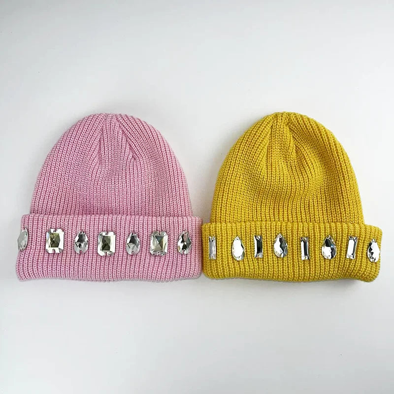 Unisex High Quality Winter Beanie Hat Big Rhiny Square Rhinestone OEM ODM Popular Fashion Yellow Winter Beanie Hat